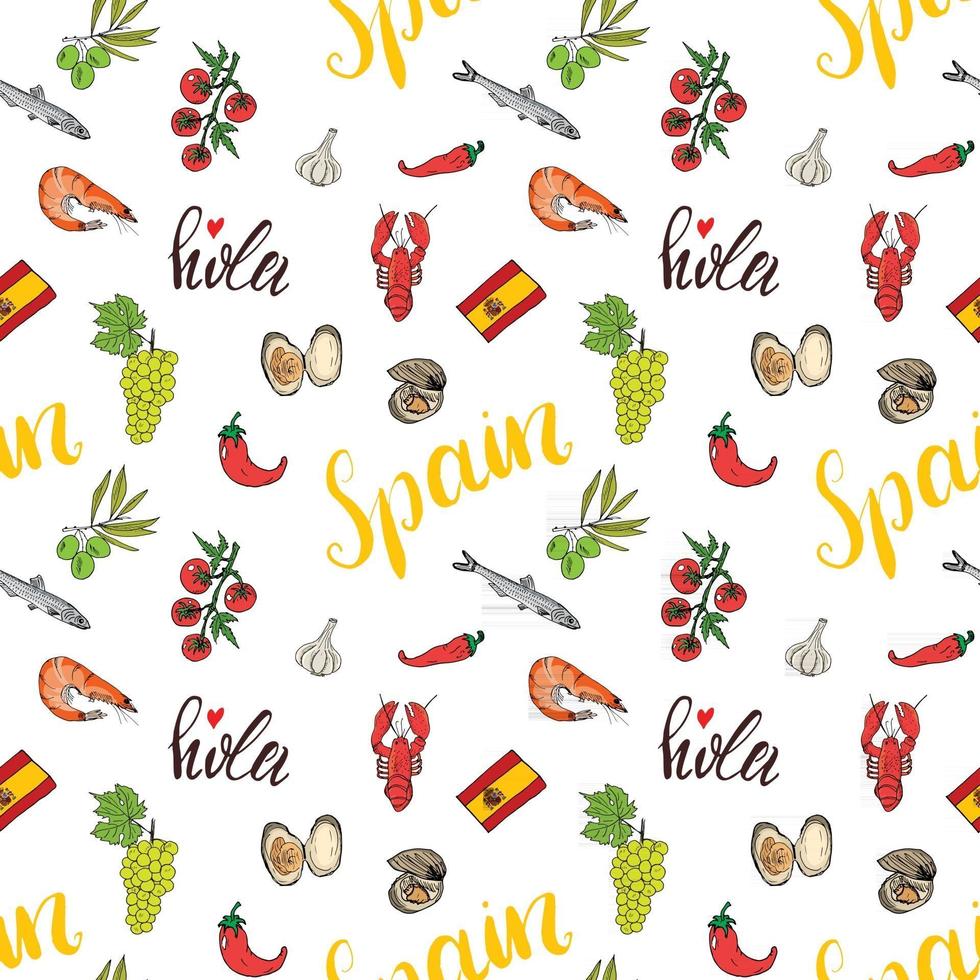 Spain seamless pattern doodle elements, Hand drawn sketch spanish food shrimps, olives, grape, flag and lettering. vector illustration background.