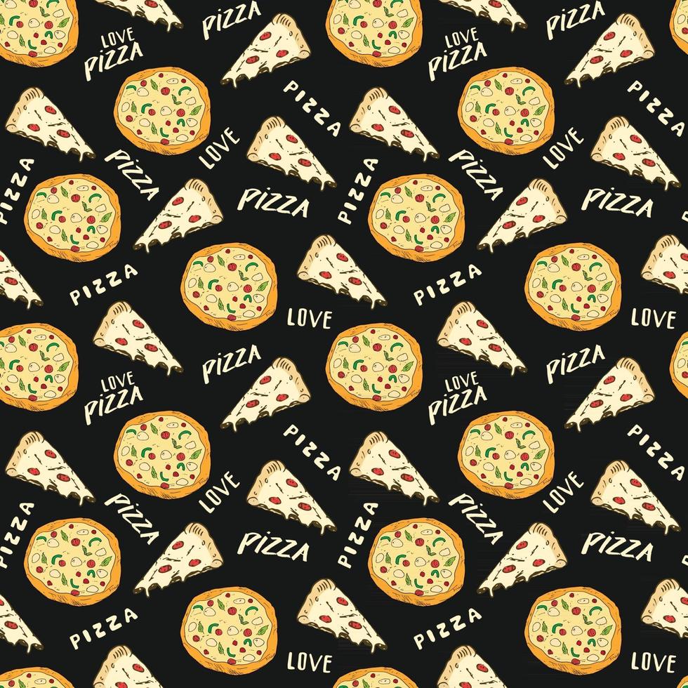 Pizza seamless pattern hand drawn sketch. Whole pizza and slice doodles Food background. Vector illustration