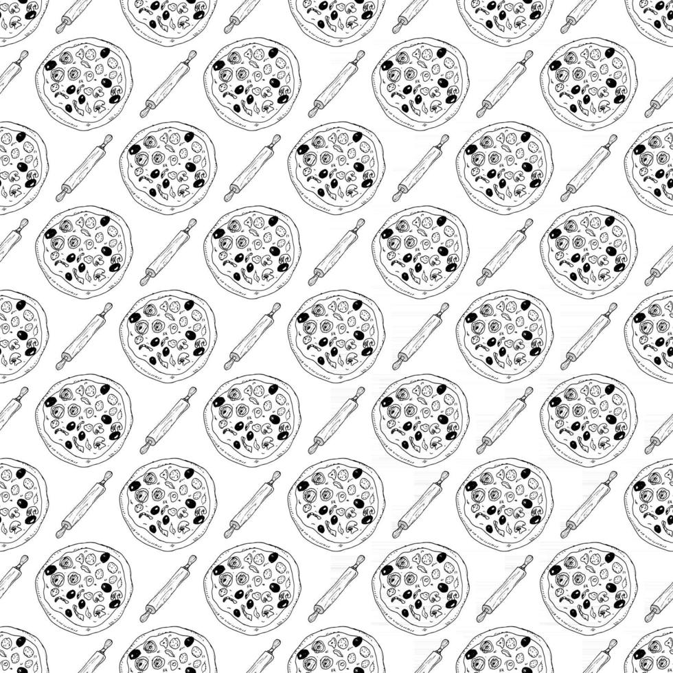 Pizza seamless pattern hand drawn sketch. Whole pizza and slice doodles Food background. Vector illustration