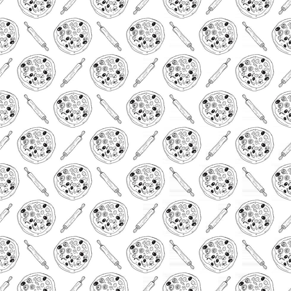 Pizza seamless pattern hand drawn sketch. Whole pizza and slice doodles Food background. Vector illustration