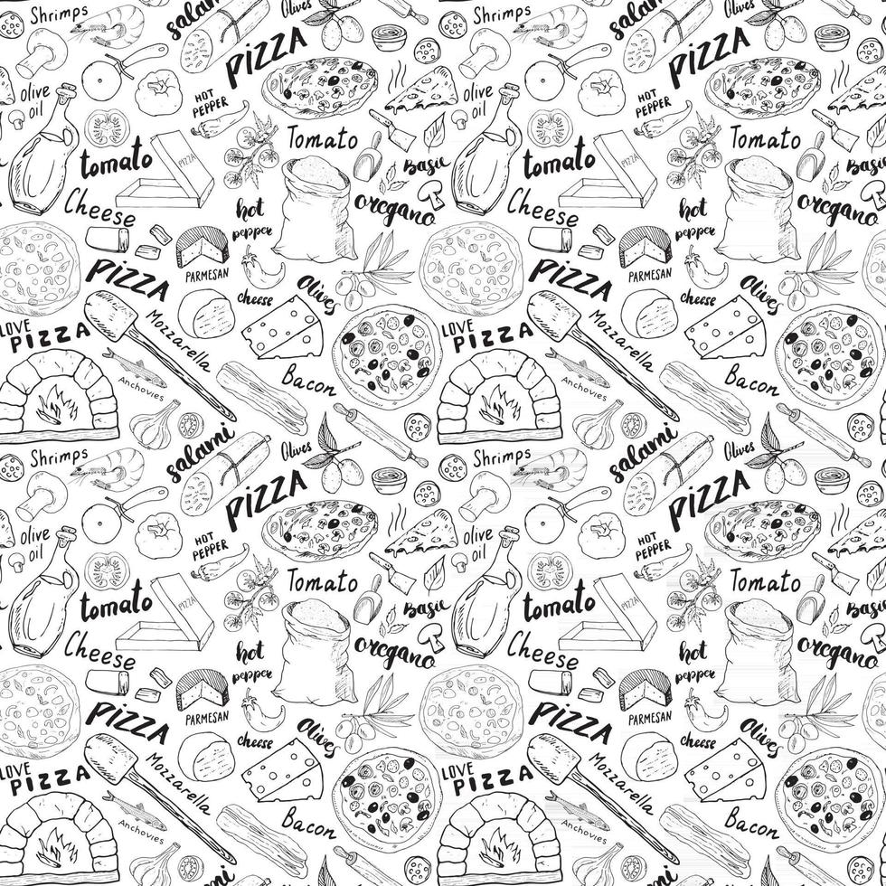 Pizza seamless pattern hand drawn sketch. Pizza Doodles Food background with flour and other food ingredients, oven and kitchen tools. Vector illustration