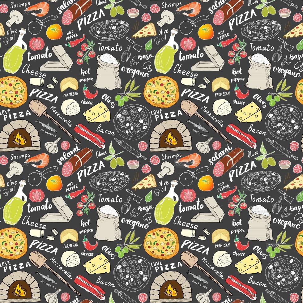 Pizza seamless pattern hand drawn sketch. Pizza Doodles Food background with flour and other food ingredients, oven and kitchen tools. Vector illustration