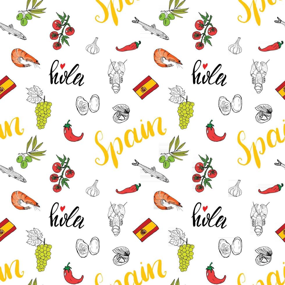 Spain seamless pattern doodle elements, Hand drawn sketch spanish food shrimps, olives, grape, flag and lettering. vector illustration background.