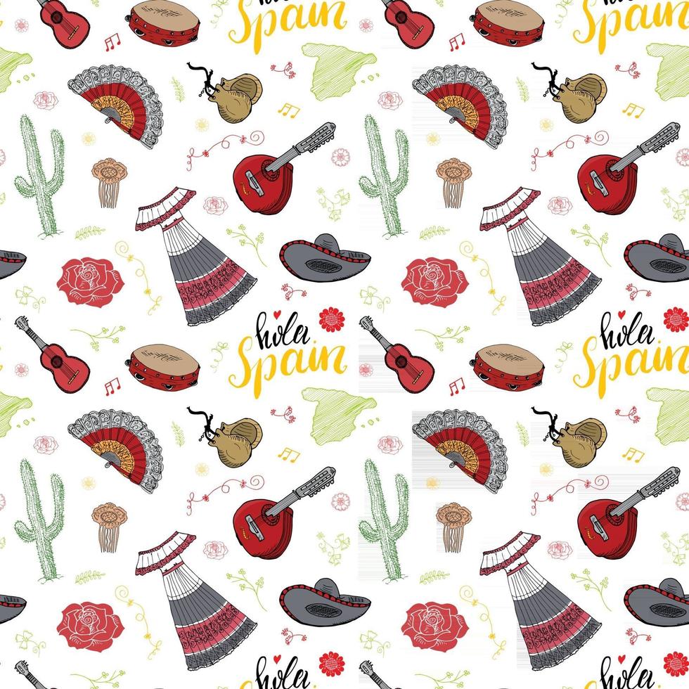 Spain seamless pattern doodle elements, Hand drawn sketch spanish food shrimps, olives, grape, flag and lettering. vector illustration background.