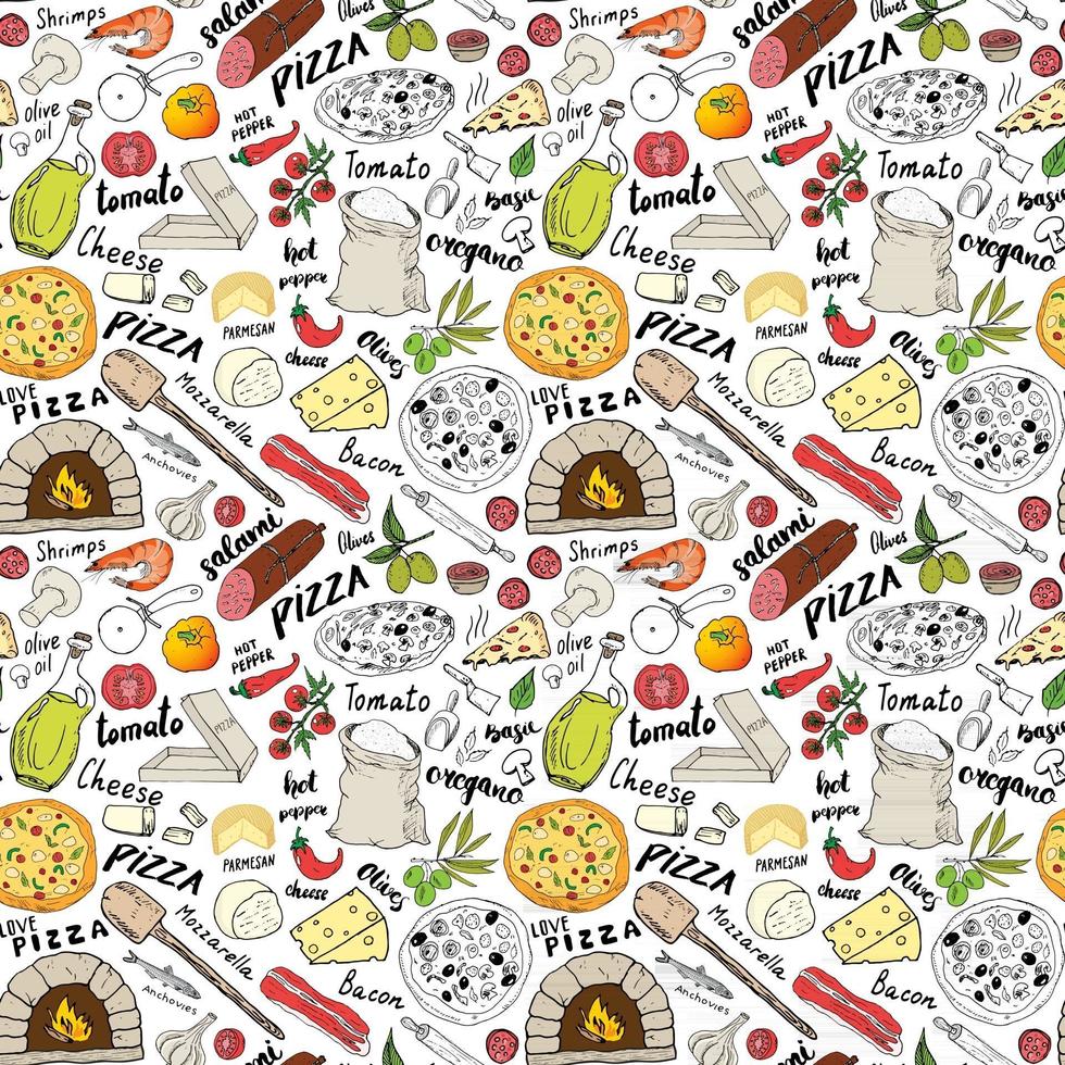 Pizza seamless pattern hand drawn sketch. Pizza Doodles Food background with flour and other food ingredients, oven and kitchen tools. Vector illustration