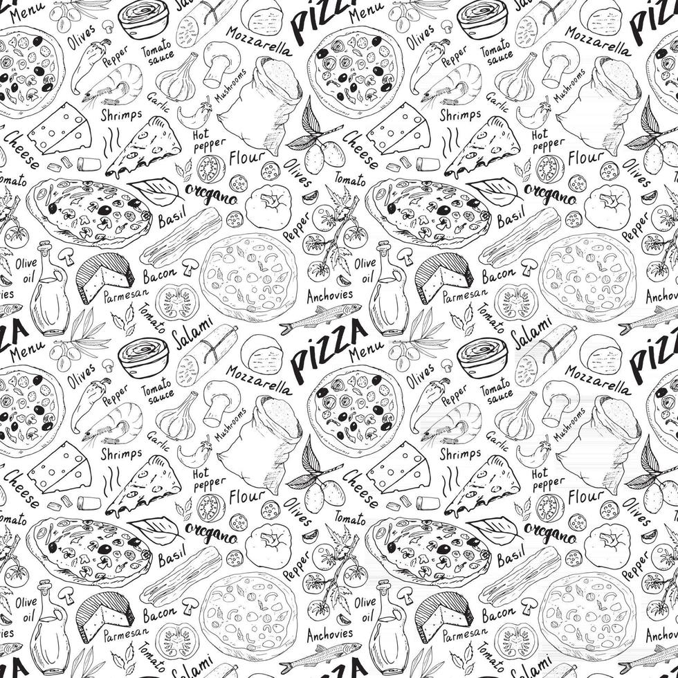 pizza de patrones sin fisuras boceto dibujado a mano. Fondo de comida de garabatos de pizza con harina y otros ingredientes alimentarios, horno y utensilios de cocina. ilustración vectorial vector