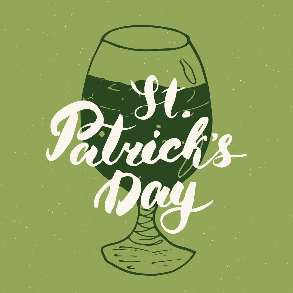 Happy St Patrick's Day Vintage greeting card Hand lettering on beer cup silhouette, Irish holiday grunge textured retro design vector illustration