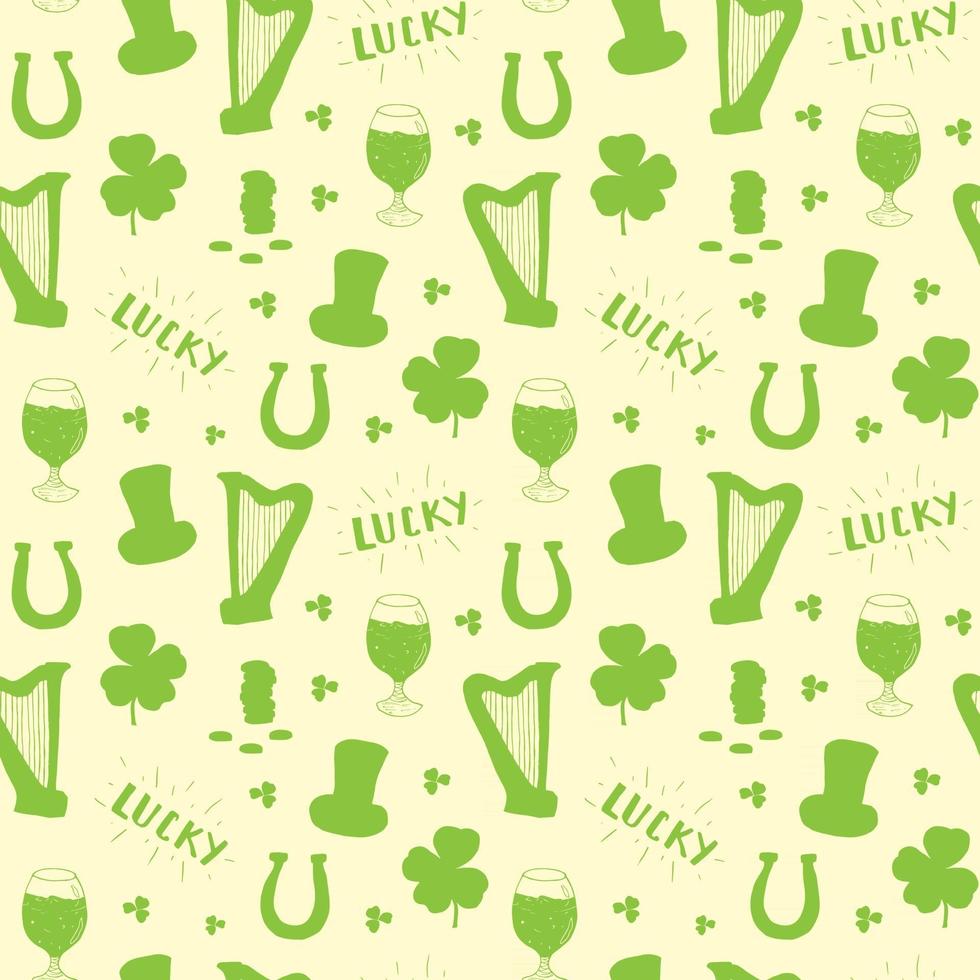 St Patrick's Day hand drawn doodle Seamless pattern, with leprechaun hat, pot of gold coins, rainbow, beer, four leaf clover, horseshoe, celtic harp vector illustration background