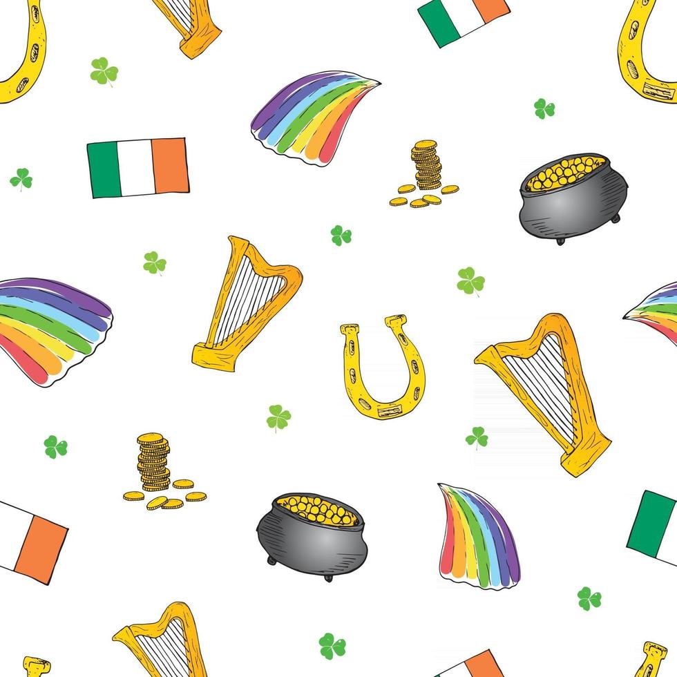 St Patrick's Day hand drawn doodle Seamless pattern, with leprechaun hat, pot of gold coins, rainbow, beer, four leaf clover, horseshoe, celtic harp vector illustration background