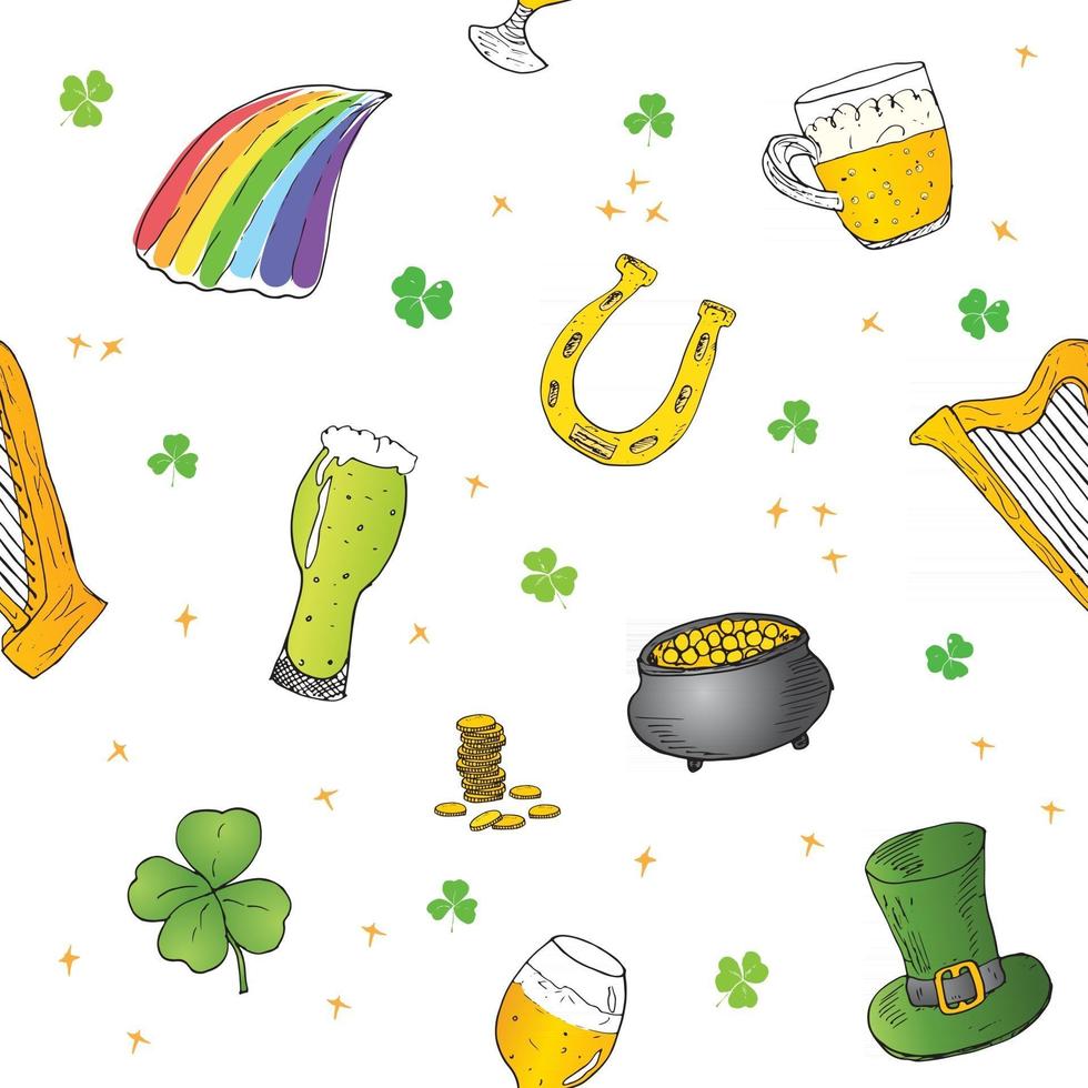 Día de San Patricio dibujado a mano doodle de patrones sin fisuras, con sombrero de duende, olla de monedas de oro, arco iris, cerveza, trébol de cuatro hojas, herradura, fondo de ilustración de vector de arpa celta