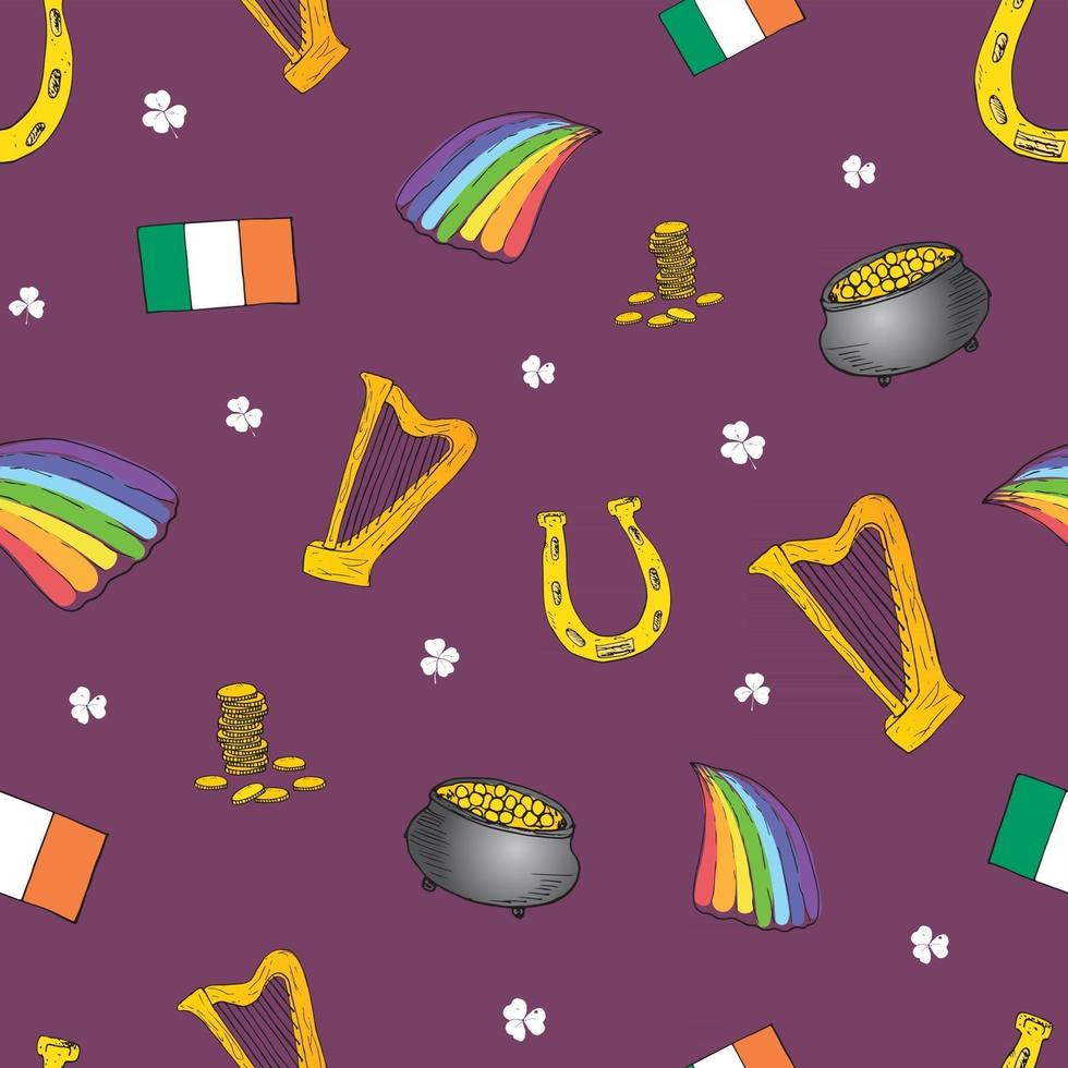 St Patrick's Day hand drawn doodle Seamless pattern, with leprechaun hat, pot of gold coins, rainbow, beer, four leaf clover, horseshoe, celtic harp vector illustration background