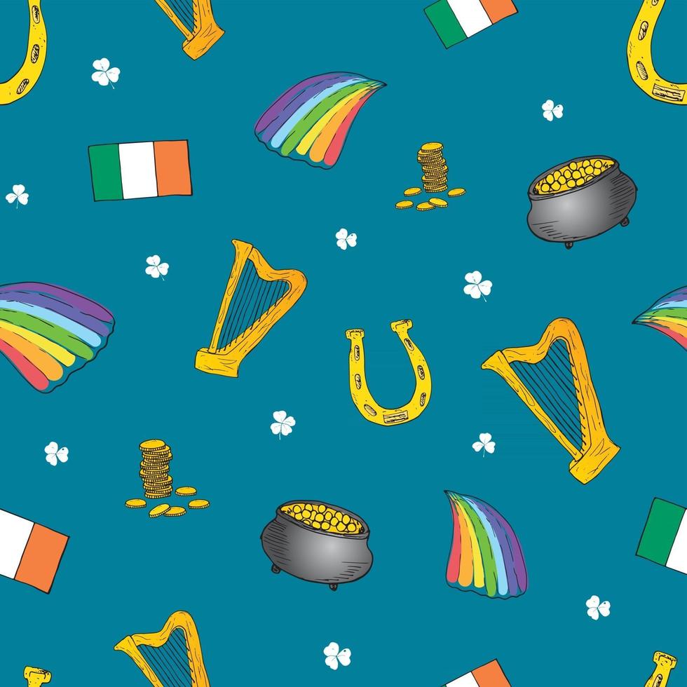 Día de San Patricio dibujado a mano doodle de patrones sin fisuras, con sombrero de duende, olla de monedas de oro, arco iris, cerveza, trébol de cuatro hojas, herradura, fondo de ilustración de vector de arpa celta