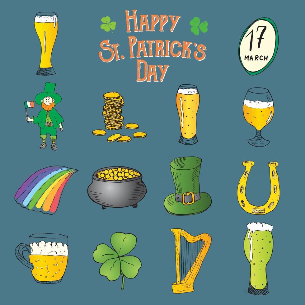 St Patricks Day hand drawn doodle icons set, with leprechaun, pot of gold coins, rainbow, beer, four leef clover, horseshoe, celtic harp and flag of Ireland vector illustration.