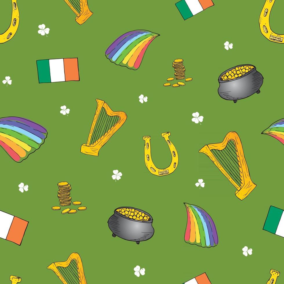 Día de San Patricio dibujado a mano doodle de patrones sin fisuras, con sombrero de duende, olla de monedas de oro, arco iris, cerveza, trébol de cuatro hojas, herradura, fondo de ilustración de vector de arpa celta