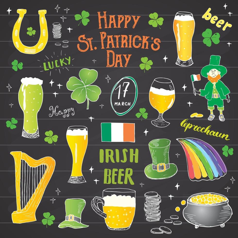 St Patricks Day hand drawn doodle icons set, with leprechaun, pot of gold coins, rainbow, beer, four leef clover, horseshoe, celtic harp and flag of Ireland vector illustration.