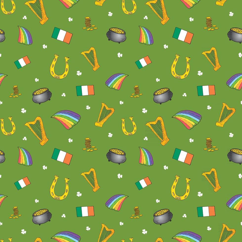 St Patrick's Day hand drawn doodle Seamless pattern, with leprechaun hat, pot of gold coins, rainbow, beer, four leaf clover, horseshoe, celtic harp vector illustration background