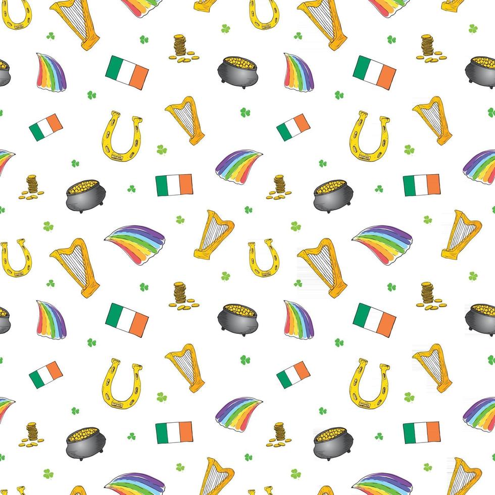 St Patrick's Day hand drawn doodle Seamless pattern, with leprechaun hat, pot of gold coins, rainbow, beer, four leaf clover, horseshoe, celtic harp vector illustration background