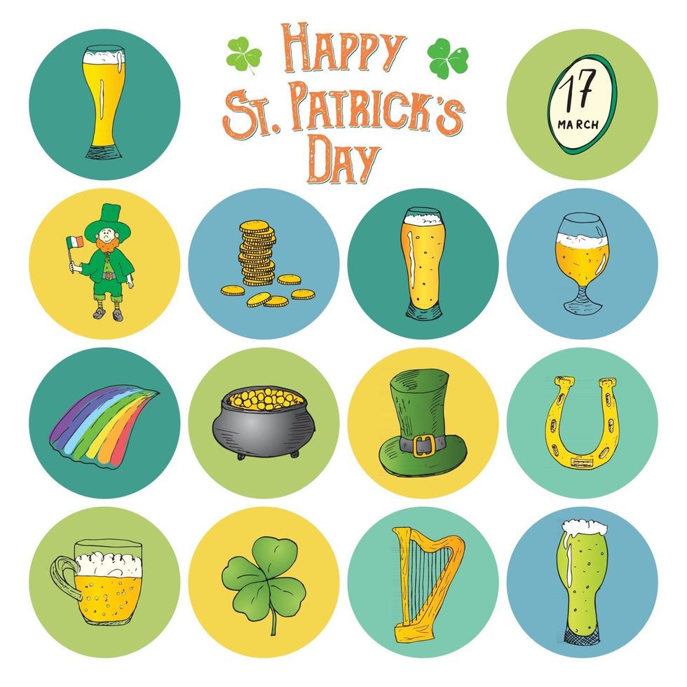 St Patricks Day hand drawn doodle icons set, with leprechaun, pot of gold coins, rainbow, beer, four leef clover, horseshoe, celtic harp and flag of Ireland vector illustration.