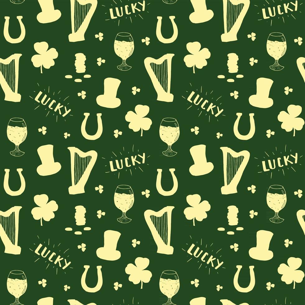 St Patrick's Day hand drawn doodle Seamless pattern, with leprechaun hat, pot of gold coins, rainbow, beer, four leaf clover, horseshoe, celtic harp vector illustration background