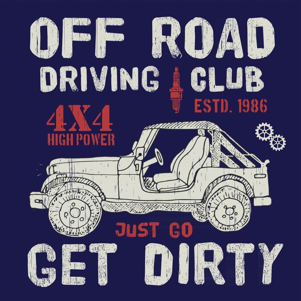 T-shirt design, offroad driving club with suv car typography graphics, vector illustration