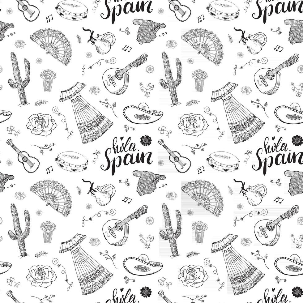 Spain seamless pattern doodle elements, Hand drawn sketch spanish food shrimps, olives, grape, flag and lettering. vector illustration background.