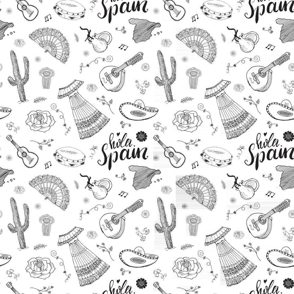 España de patrones sin fisuras doodle elementos, boceto dibujado a mano camarones de comida española, aceitunas, uva, bandera y letras. fondo de ilustración vectorial. vector