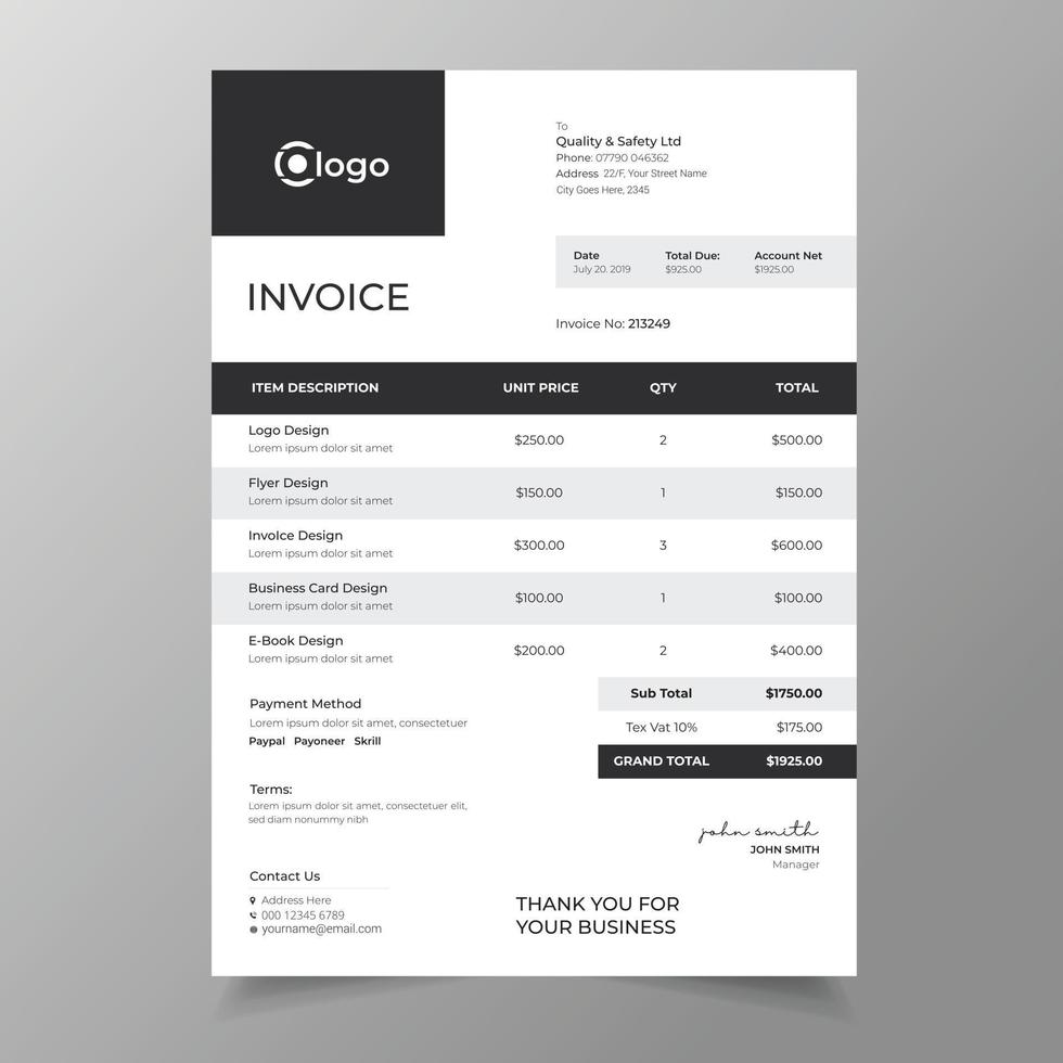 Professional modern business minimal invoice template design. vector