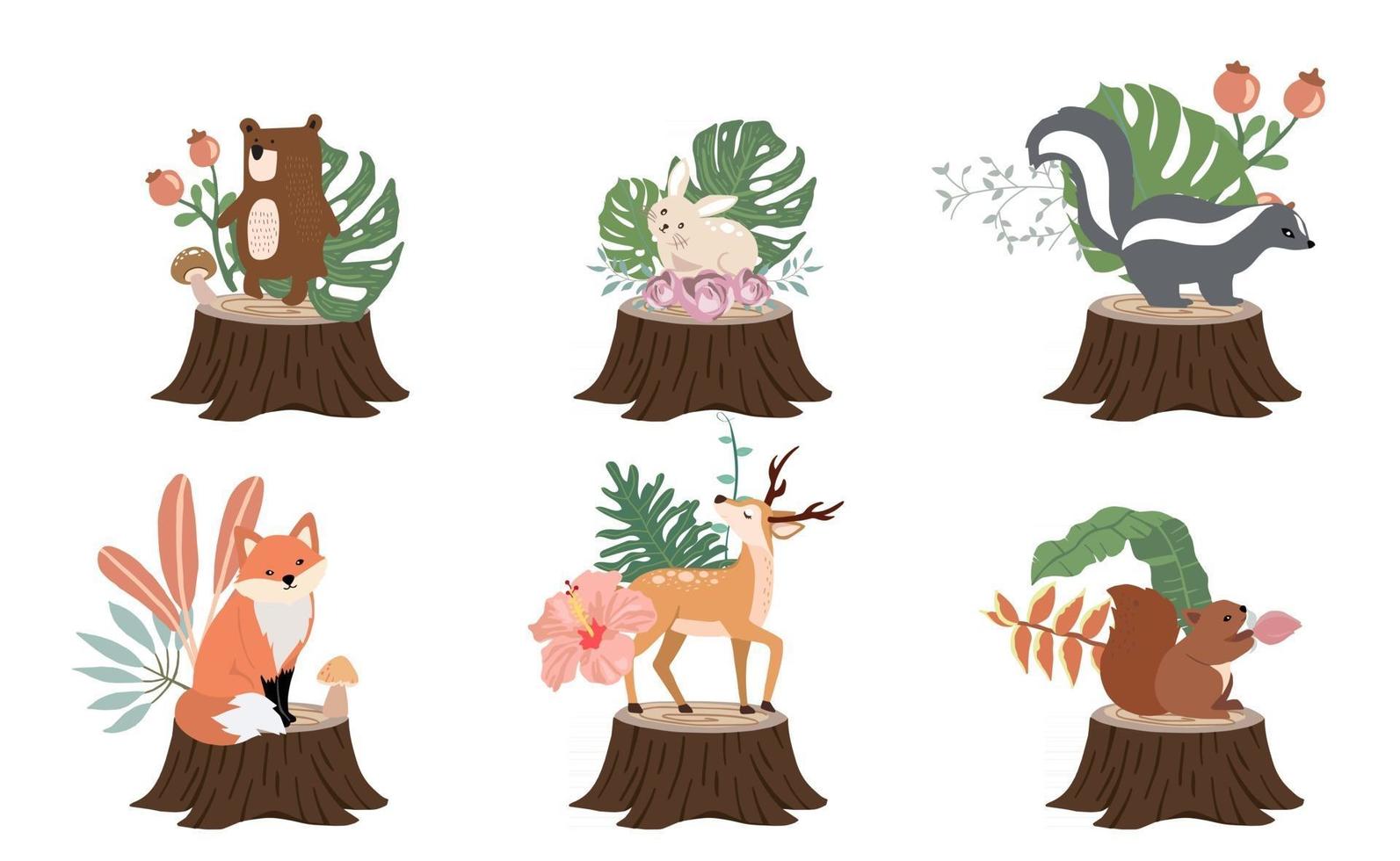 Cute woodland object collection with skunk vector