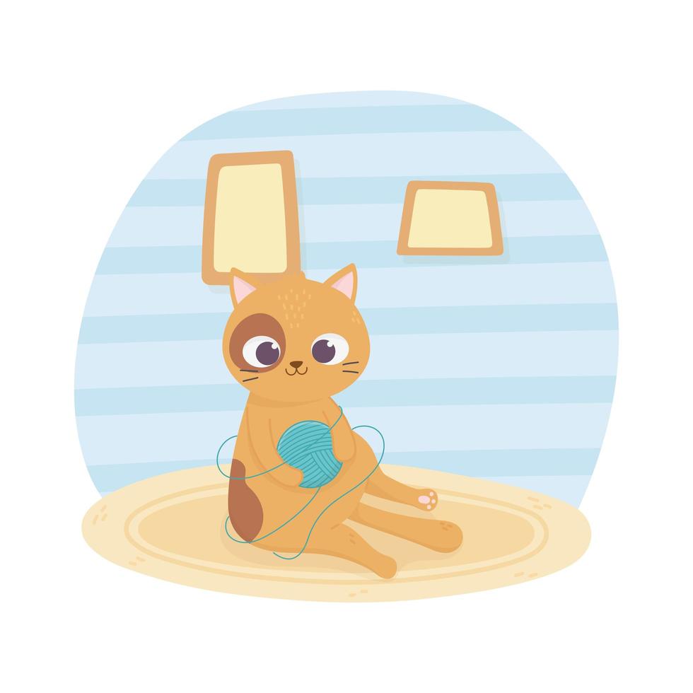 pet cat sitting with ball of wool on carpet cartoon vector