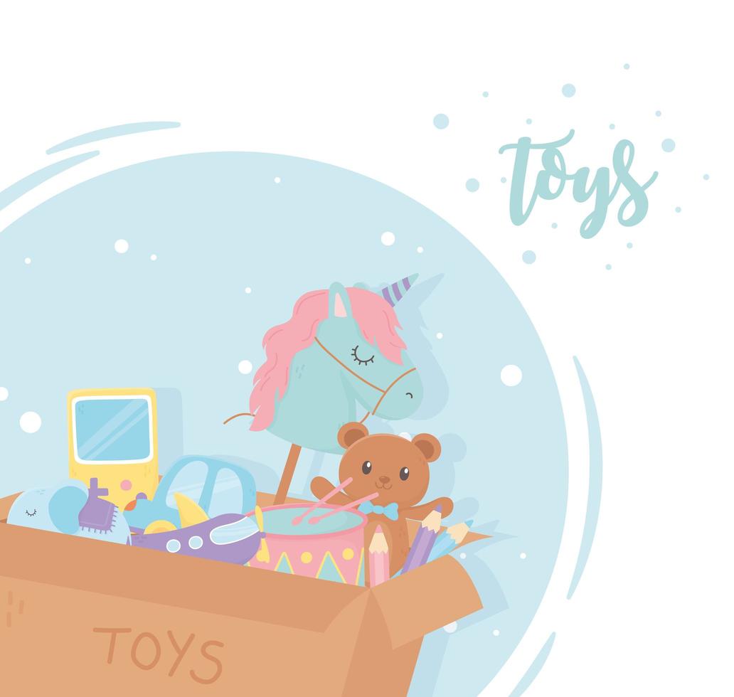 box with kids toys teddy plane drum car elephant horse with stick vector