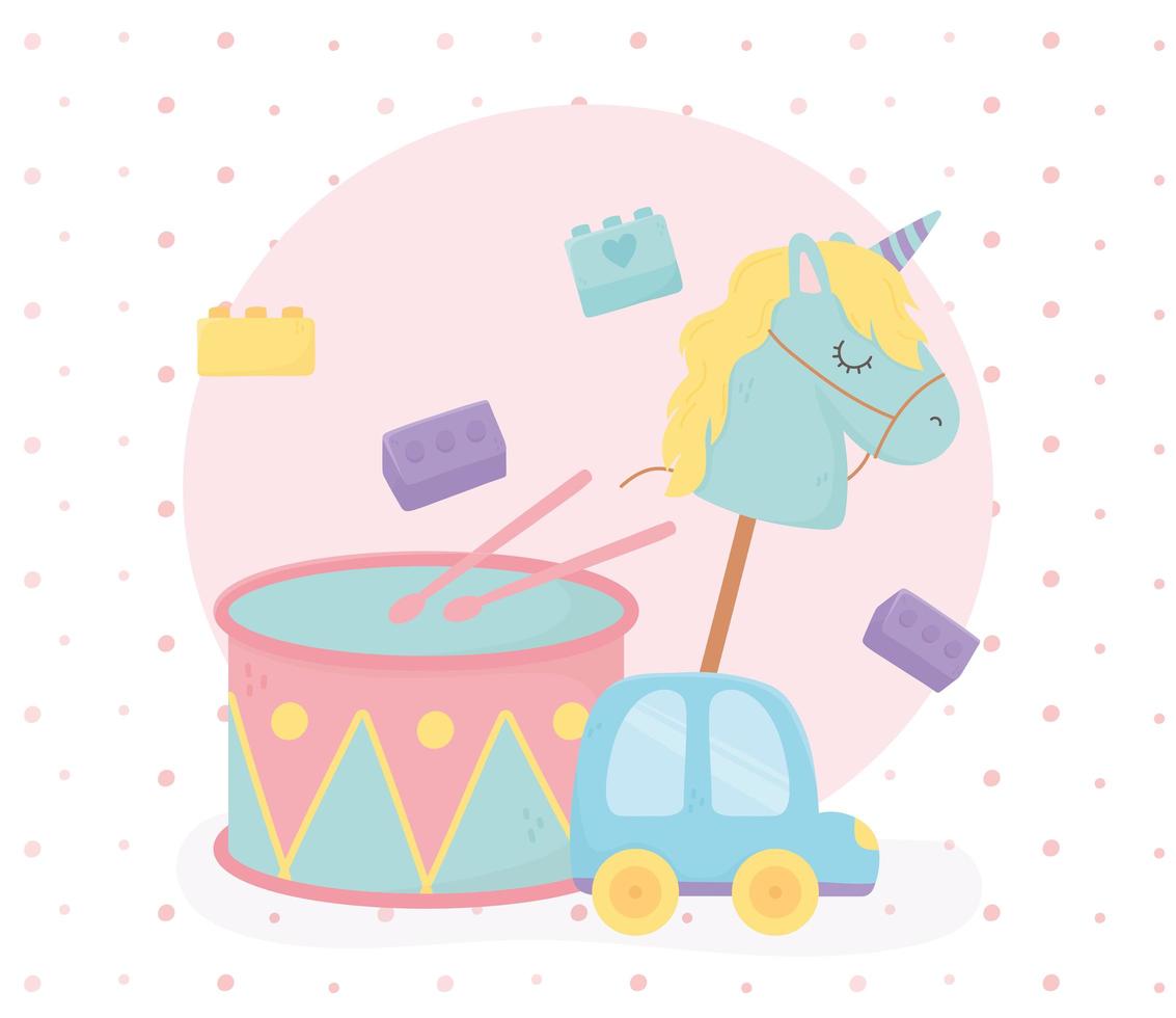 drum car horse stick locks cartoon kids toys vector