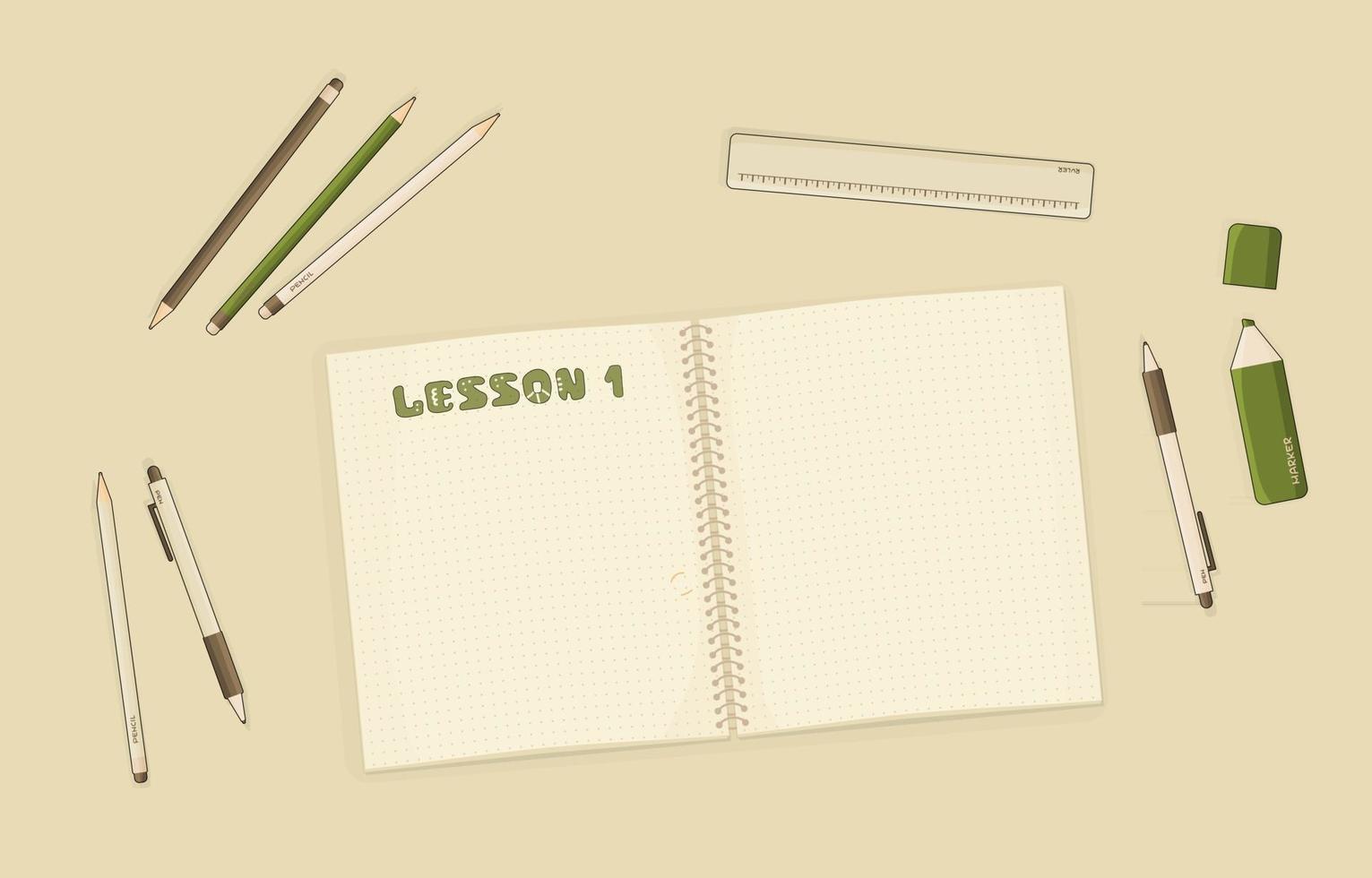 Vector outline Notebook or exercise book with dots for summary notes for mockup or start of some hobby, education, pen, pencil, marker, ruler are on the table in room.  Lesson number one is written