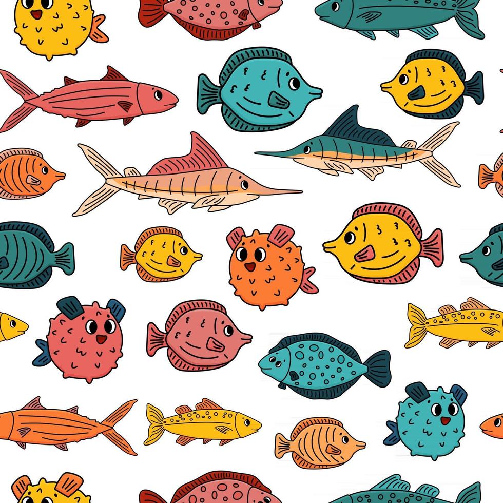 Seamless pattern of Doodle isolated animals. Set of outline cartoon vector fish, tang, flounder, tuna, ocean burrfish, sea marlin. Illustration on white background for children's book or prints