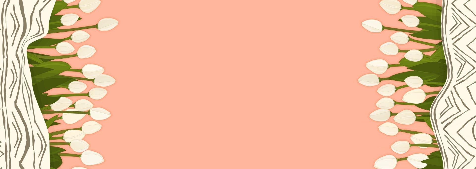 concepto de primavera de contorno vectorial. ramo de tulipanes blancos sobre fondo rosa melocotón aislado con espacio de copia para vacaciones, postal, 8 de marzo, día de la madre. bandera. endecha plana, vista superior con cuadros vector