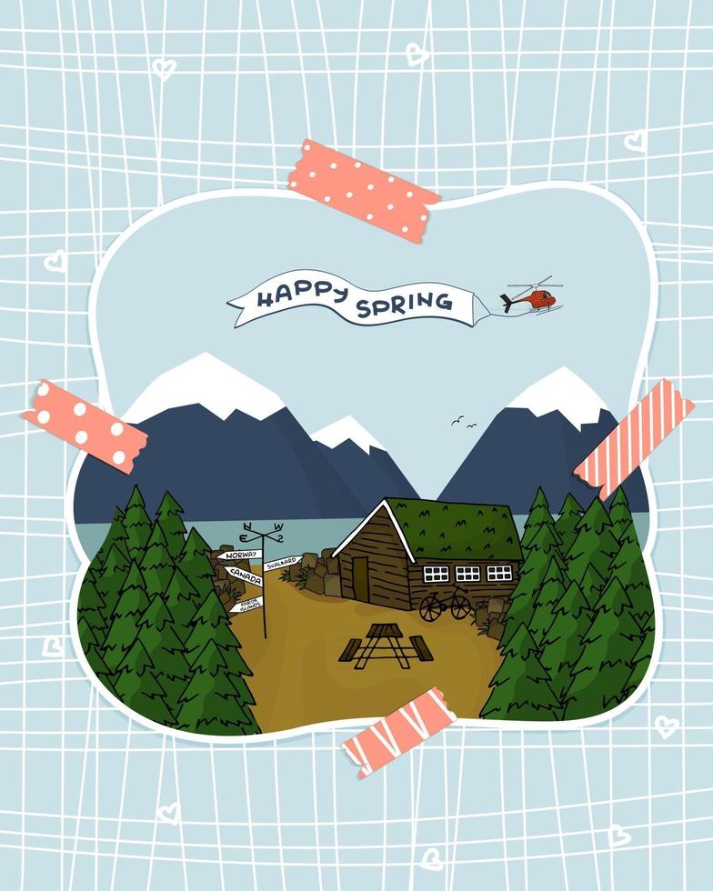 Canadian or Scandinavian brown wooden house with grass on the roof, trees, mountains, helicopter with Happy Spring text vector hand drawn emulation of photo under pink patterned washi tapes