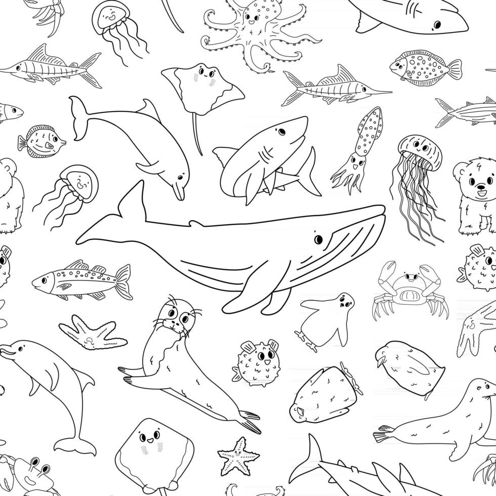 patrón de vector transparente blanco negro de contorno de dibujos animados aislado mar océano animales. ballena, delfín, tiburón, raya, medusa, pescado, estrellas, cangrejo, polluelo de pingüino rey, pulpo, lobo marino, oso polar