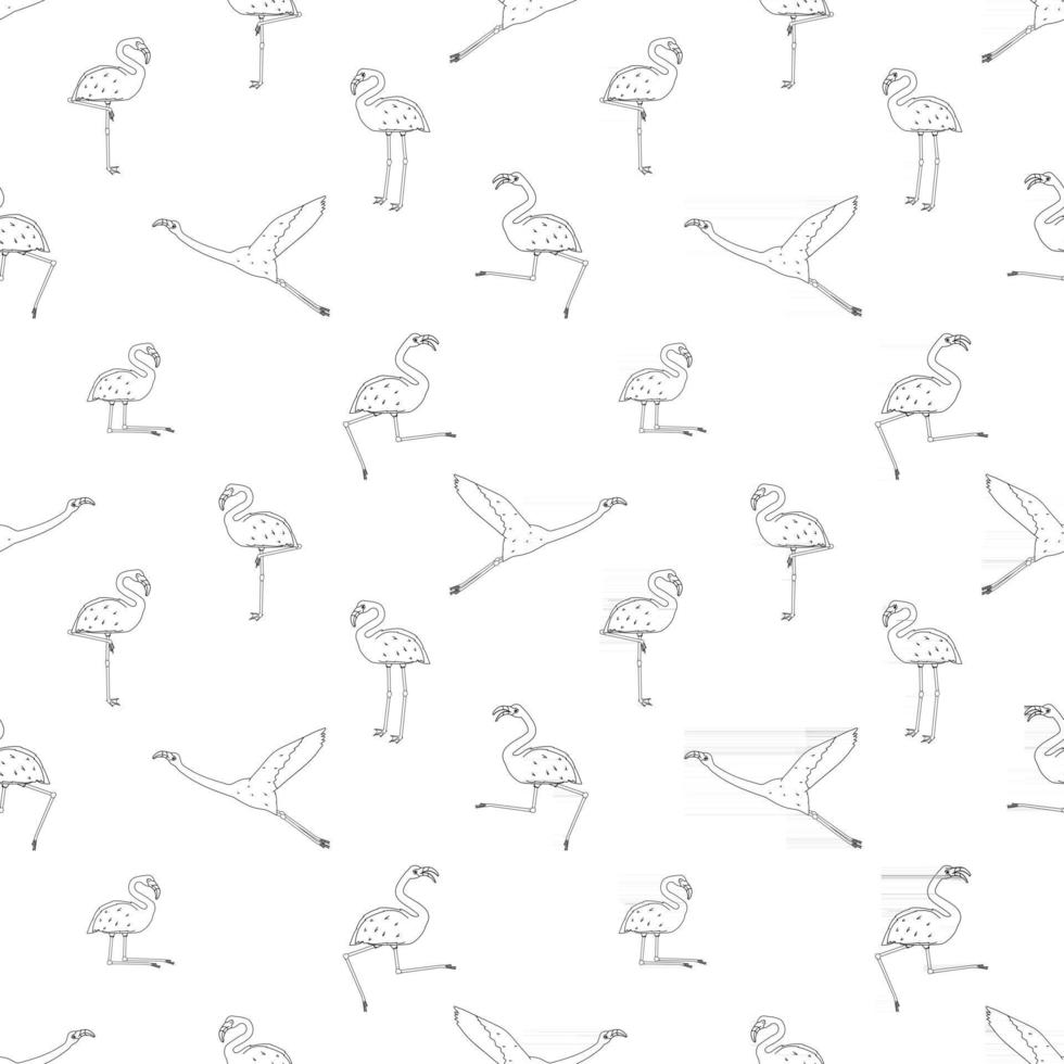 Seamless repeat outline cartoon Doodle flamingos pattern isolated on white background. Cute vector animals are active, dancing, fly, sleep, rest, dream, walk. Black line monochrome effect