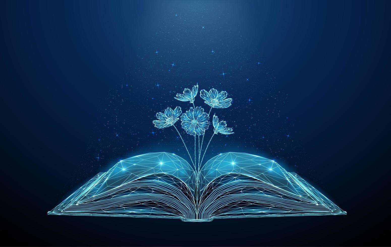 Abstract open book with growing blooming flowers. vector