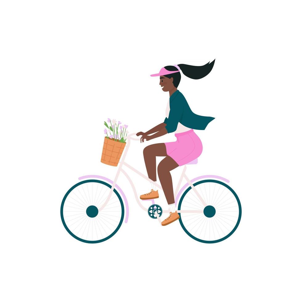 African american woman in bicycle flat color vector detailed character