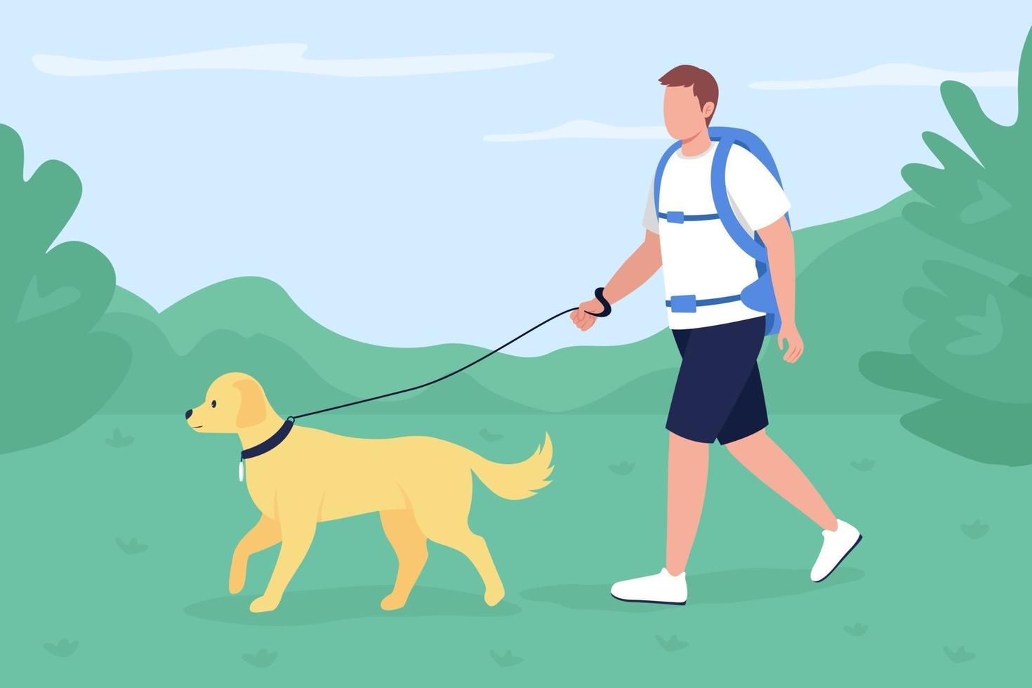 Trekker walk with dog in countryside flat color vector illustration