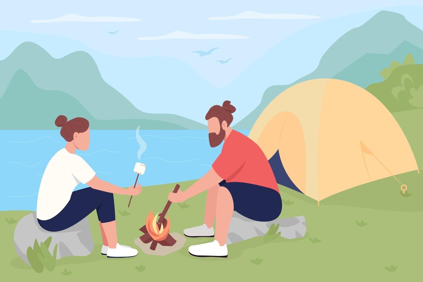 Camping in countryside flat color vector illustration