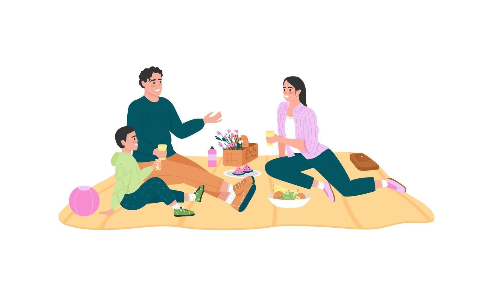 Happy caucasian family on picnic flat color vector detailed characters