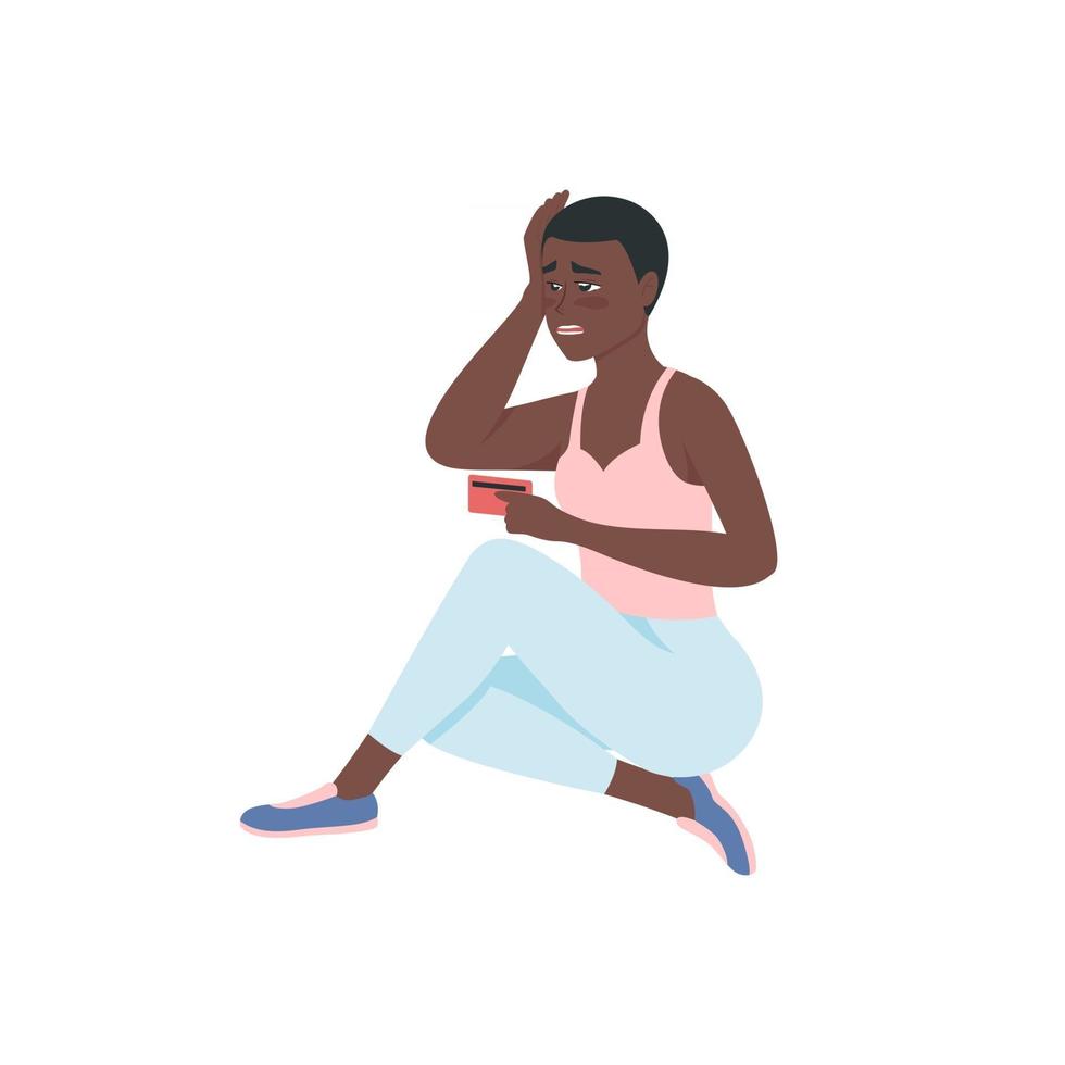 Upset african american woman with debt on credit card flat color vector detailed character