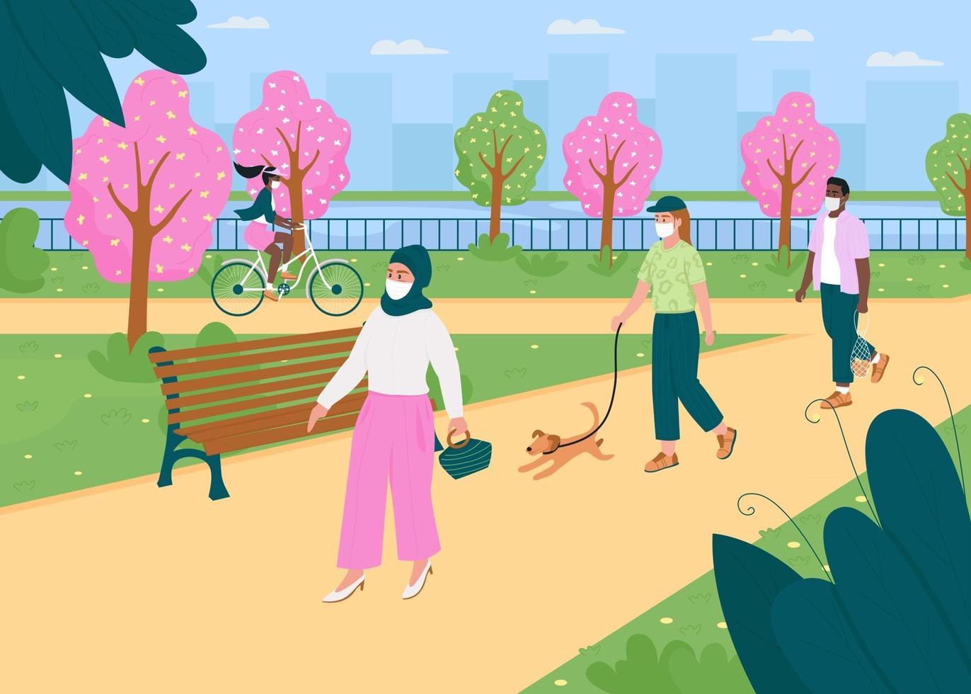 Walk in spring park during quarantine flat color vector illustration