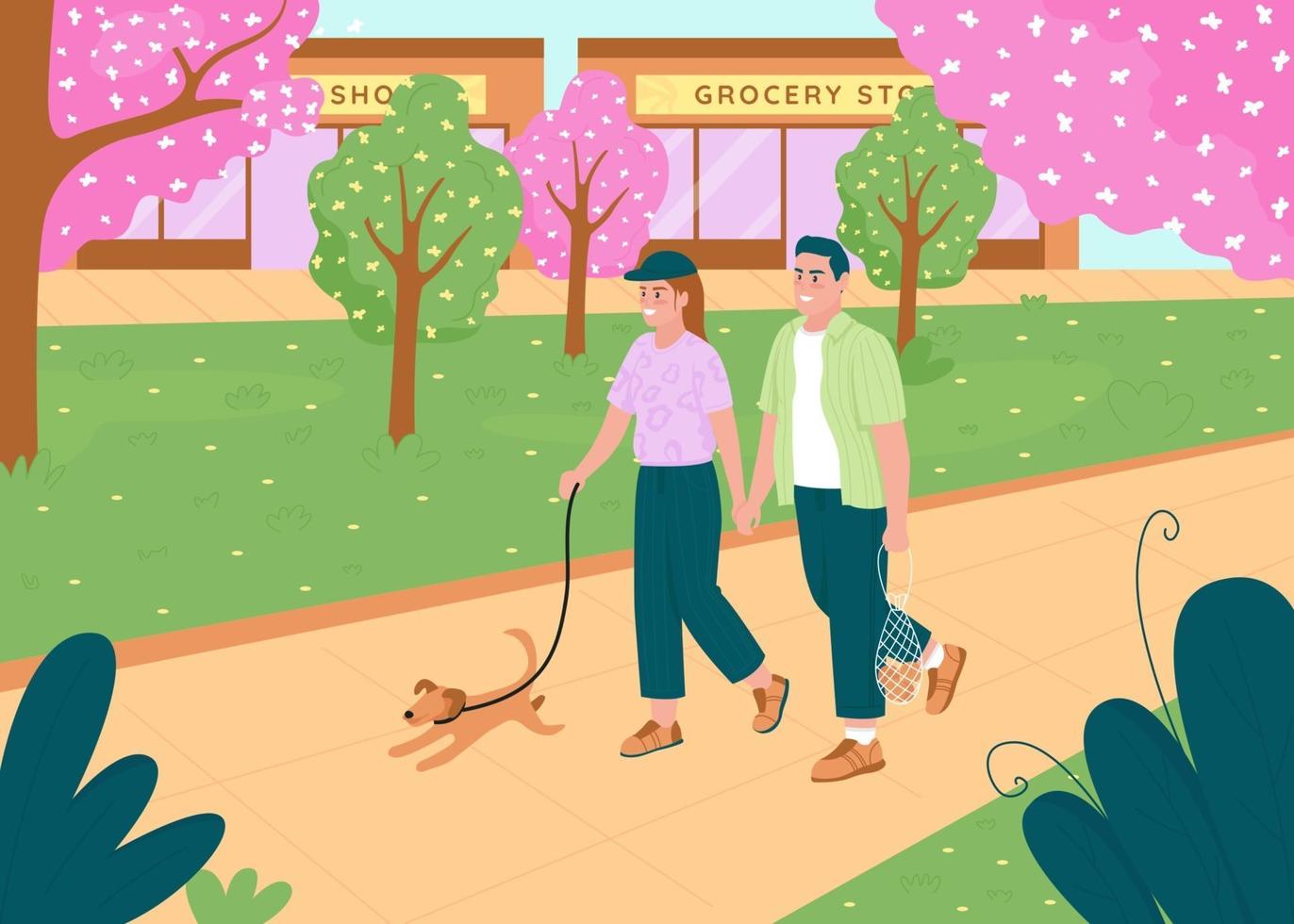 Couple walk in spring flat color vector illustration