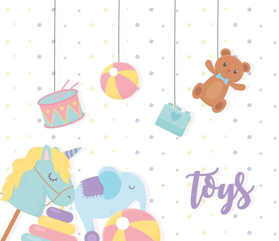 hanging bear ball drum block and elephant horse stick cartoon kids toys vector