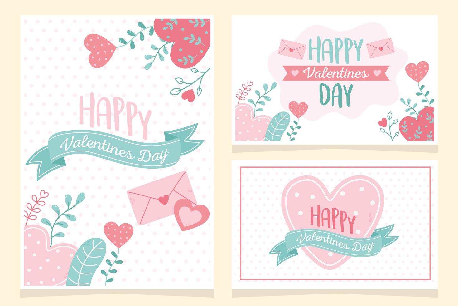 happy valentines day, hearts love flowers foliage nature celebration cards vector