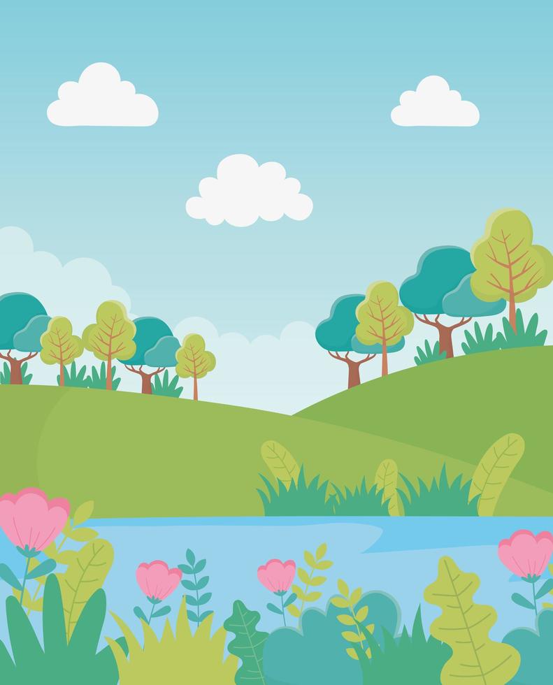 paisaje árboles colina flores lago follaje naturaleza verdor imagen vector