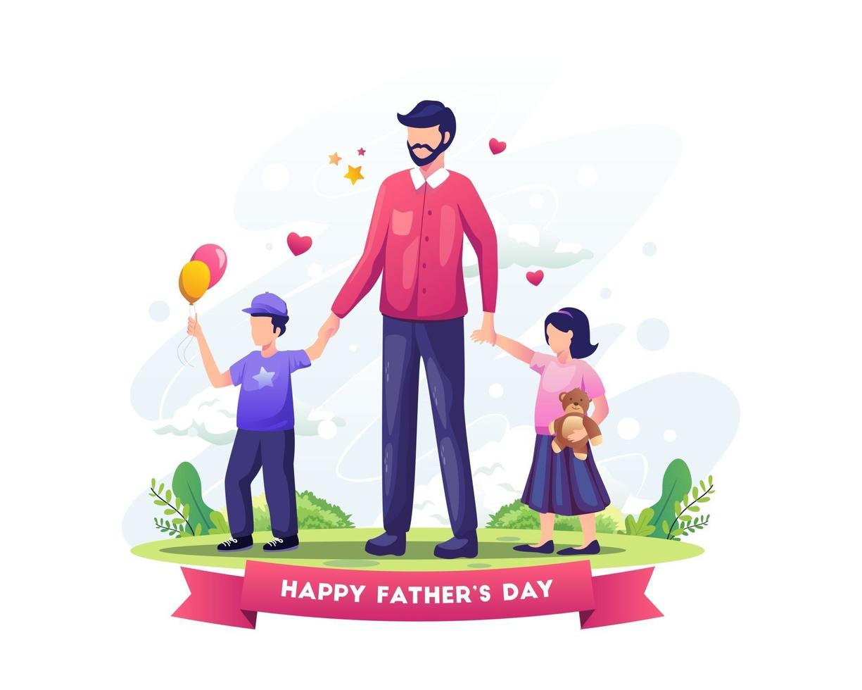 Dad celebrates father's day by taking his kids for a walk vector illustration