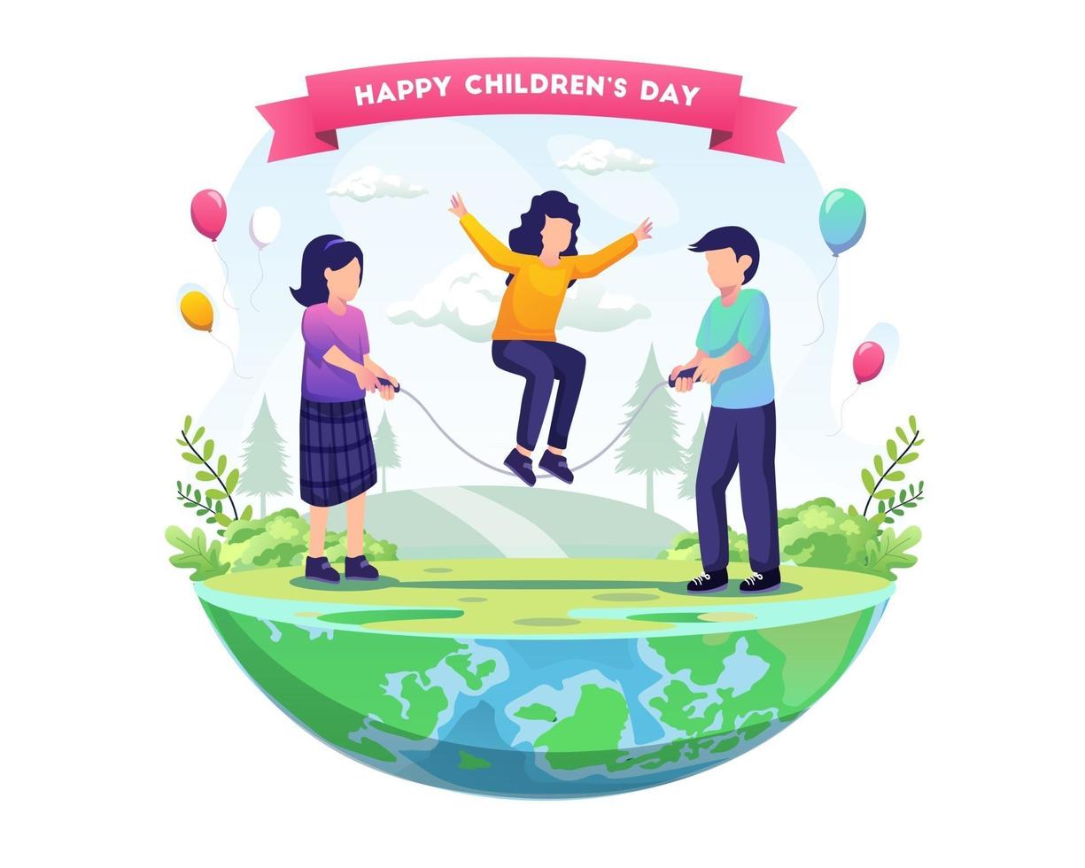 Children play jump rope to celebrate world children's day vector illustration